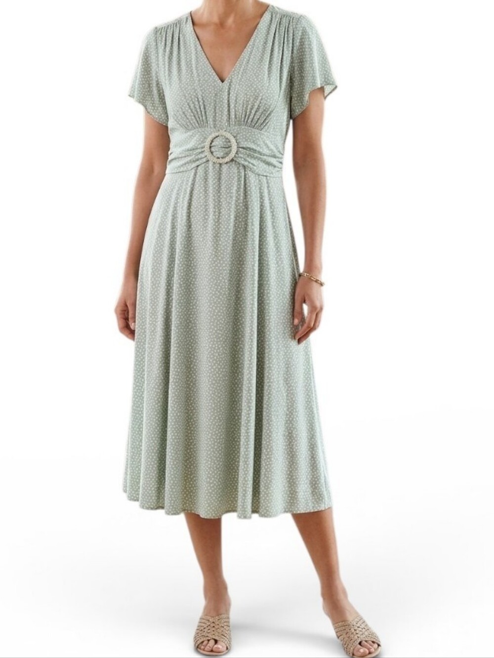 Coldwater Creek Vintage Mint Green Polka Dot Midi Dress Size 6